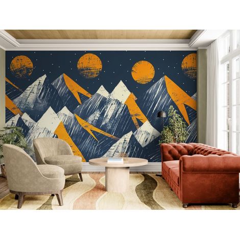 Papier peint Graphique – Montagnes abstraites et lunes oranges - 150 x 250 cm (1/2)