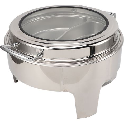 Chafing dish rond de 6 L en acier inoxydable avec couvercle en verre transparent, plat de service épais pour buffets, mariages, camping et dîners. Bac à 2 compartiments. (1/5)