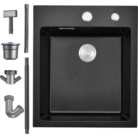 Evier Cuisine 1 Bac 40 x 45 cm, Evier Noir en Granit avec Panie de Vidange, Lavabo Cuisine pour Meubles Bas de 45 cm, Évier Cuisine Multifonction Siphon et Trop-plein (Noir) (1/5)