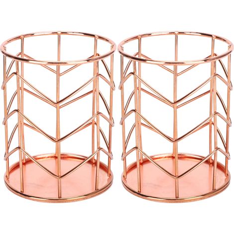 2Pcs Boîte de Rangement Métallique Rose Or, Porte-stylos Rond, Corbeille à Maquillage en Maille pour Bureau (1/5)