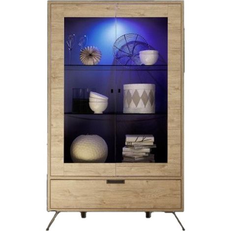 Vitrinen-Schau – 2 Glastüren und 1 Schublade – Farbe helles Eichenholz – Modernes Design
