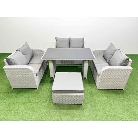 Fimous 7 Seater Patio Garden Furniture Sets with Black Glass Top Dining Table Love Sofa Big Stool Light Grey (1/4)