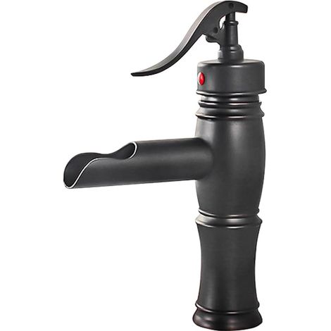 Robinet de lavabo cascade à levier unique, robinets de salle de bain classiques à un trou, robinet d'eau chaude et à eau froideo (Noir, court, B) (1/5)