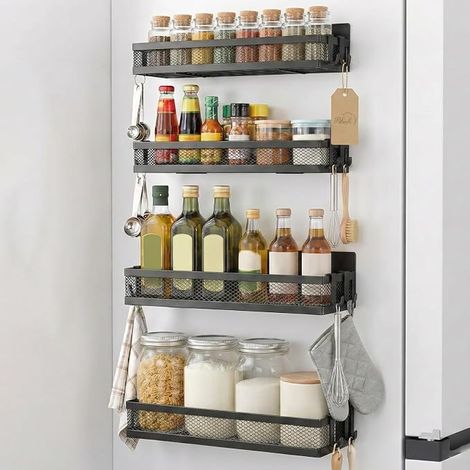 Magnetic Spice Rack for Refrigerator, Organizer with Hooks, Magnetic Shelf for Kitchen Storage, Black (1/3)