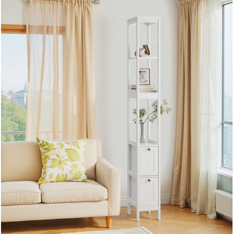 Mueble de baño auxiliar de MDF y aglomerado blanco 20x30x160 cm con 2 cajones y 3 estantes (1/5)