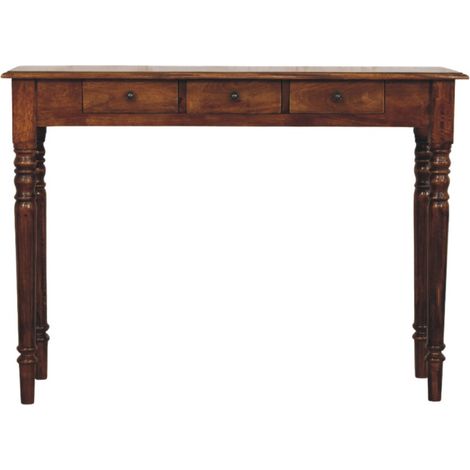 Console à 3 tiroirs en châtaignier massif, pieds tournés, rangement salon/entrée, couleur marron foncé (1/4)