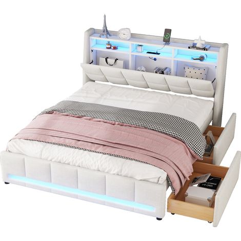 Polsterbett 140 x 200 cm aus Leinen, Doppelbett mit LED, USB und Stauraum, ohne Matratze, Beige (1/5)