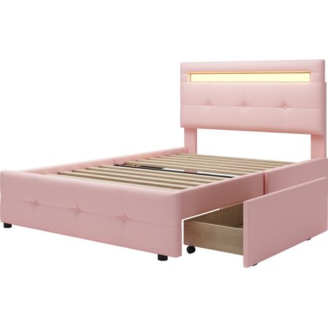 Polsterbett 90 x 200 cm Rosa mit LED und 2 Schubladen (1/5)