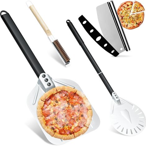 Lot de 4 Pizza accessoires, Pelle a pizza perforée 30 cm, Pelle à pizza Ronde en aluminium de 83cm avec un long manche, Roulette à Pizza de 35 cm avec Couvre, Brosse pour Four à Pizza avec Grattoir (1/5)