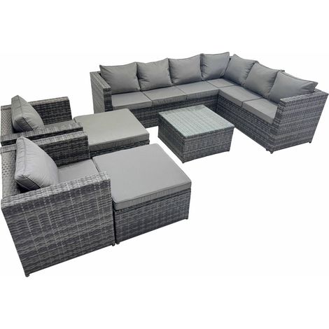 Fimous Outdoor PE Rattan Garden Furniture Sofa Set with Square Coffee Table 2 Big Stools 2 Chair Dark Grey (1/5)