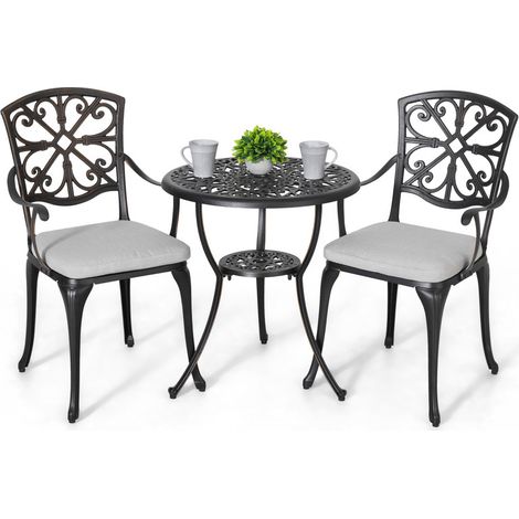 Ensemble de bistro extérieur 3 pièces en aluminium moulé, table et 2 chaises avec coussins (1/5)