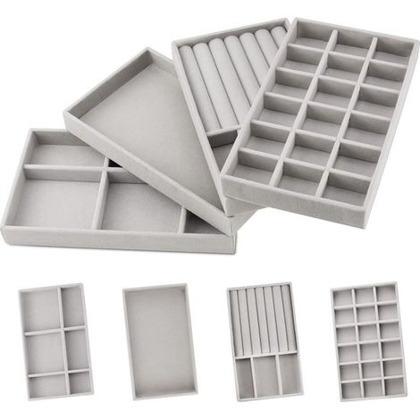 Système de rangement bijoux – 4 pièces – 12,5x21x2,5 cm – Gris – Empilable – Tiroir et organiseur (1/5)