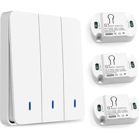 Interrupteur sans fil de 3 Kit, Interrupteur d'éclairage sans fil, Interrupteur intelligent, Interrupteur sans fil RF 433Mhz et contrôleur de récepteur 10A, Interrupteur va et vient sans fil (1/5)