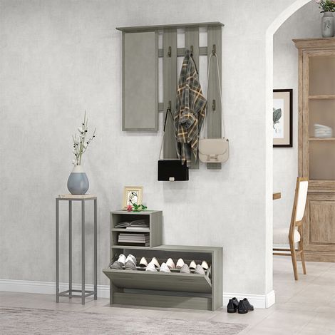Conjunto de muebles de recibidor 4 en 1 con perchero, espejo, banco con estante y zapatero para 8 pares de zapatos, color gris.