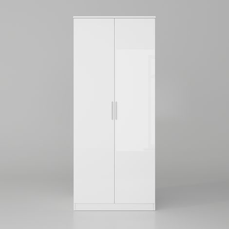 ELEGANT Wardrobe 2 Doors High Gloss Bedroom Storage Furniture with Shelf and Hanging Rail White