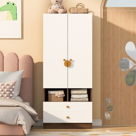 Armario ropero infantil para dormitorio - 70x50x170 cm - armario de madera con 2 cajones y compartimentos - tiradores de dibujos animados mdf - color madera natural y blanco (1/5)