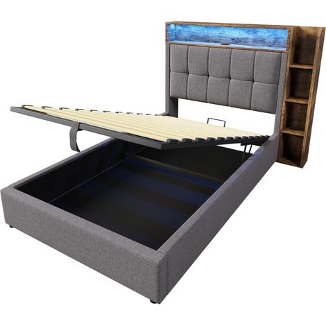 Lit capitonné gris 90x200 cm avec éclairage LED, lit coffre avec rangement intégré, ports USB/Type-C et tête de lit en lin. (1/5)