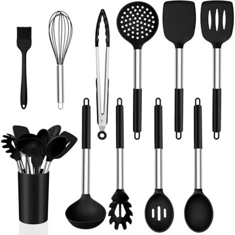 Kitchen utensil set, 15-piece silicone kitchen utensil set with stainless steel handles, non-stick cooking and baking utensil set, heat-resistant and dishwasher-safe, black