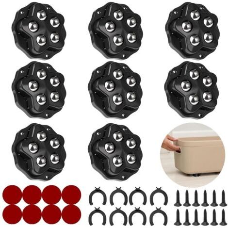 Mini roulettes pour meubles.8 roulettes à 5 billes chacune, capacité 300KG, avec adhésif et vis. Roue mobile universelle 360, roulette de meuble pour charges lourdes (Noir : 8 Pièces)