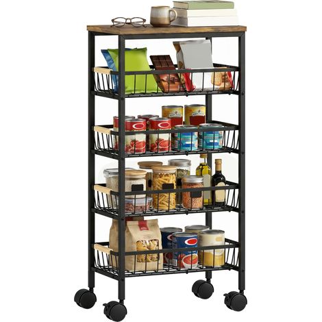 HOMCOM Metal Kitchen Trolley with Pull-Out Baskets, Rustic Brown (1/5)