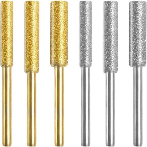 Diamant Affûteur de Tronçonneuse,Affûteur de Tronçonneuse Pierre Bits,Haute Dureté Titane Plaqué Burr Meule Meule, 6 PCS Pierres à Aiguiser avec 3 Tailles Différentes pour Affûter et Poncer