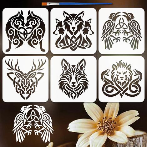 6 Pcs Pochoirs Animaux à Nœud Celtique Avec 1 Pinceau 20x20cm Pochoirs Tête D'Animal Lion Loup Cerf Template Animaux pour Peinture sur Bois Mur Meuble Déco Maison DIY (1/5)