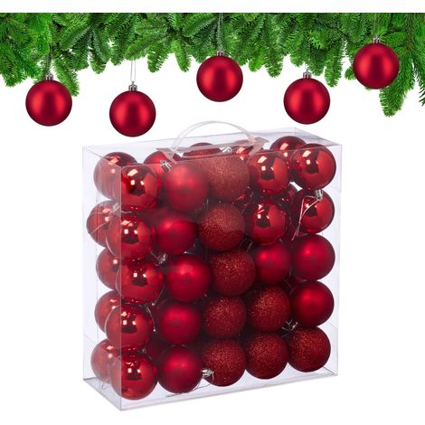 Relaxdays Palline di Natale, Set 50 Palle Albero, Addobbi Natalizi, ∅ 6 cm, in Plastica Opaca, Lucida, Glitter, Rosso (1/5)