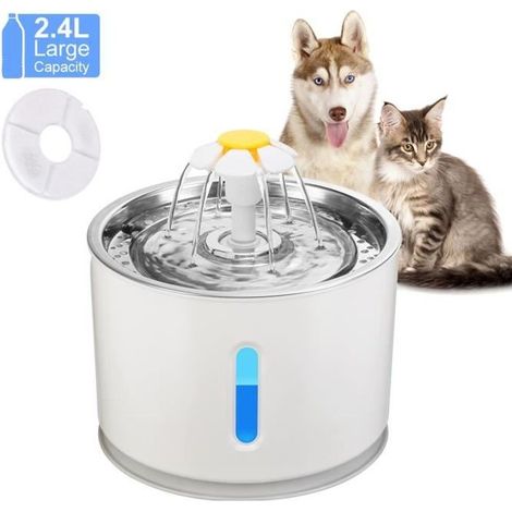 Fontaine en forme de fleur convenant aux chats et aux chiens, équipée d'un filtre, de lumières LED et d'une pompe à filtre silencieuse en acier inoxydable de 2,4 litres. (1/4)
