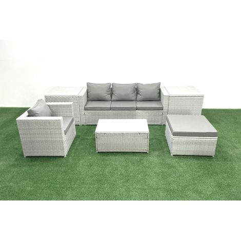 Fimous 6 Pièces Salon de jardin Canapé de jardin avec Fauteuil Table basse 2 Tables d'appoint Grand tabouret Gris clair mixte (1/5)