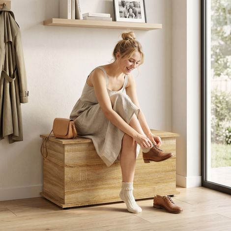 Coffre de Rangement Couvercle Rabattable, Coffre Bois, 80x40x45 cm, Bois Naturel (1/5)