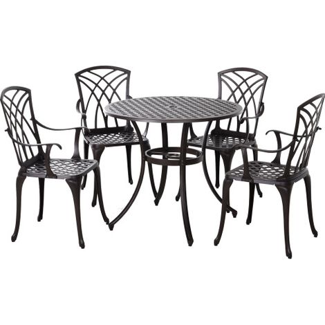 5-Piece Outdoor Dining Set for 4, Cast Aluminum Furniture with 4 Armchairs and Round Table, Includes Parasol Hole, Brown (1/5)