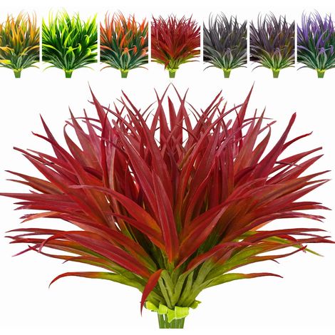 Set mit 8 UV-beständigen künstlichen Gartenpflanzen – Hohe Gräser, Tropenblumen und künstliche Sträucher für Frühlings-, Sommer- und Herbstpflanzgefäße – Tiefrosa