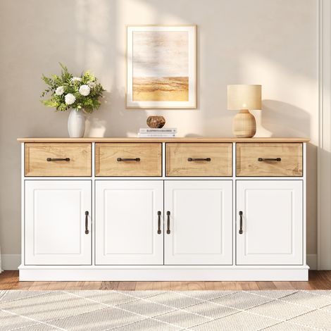 Buffet bas 160x40x78 cm, 4 portes, 4 tiroirs, étagères réglables, rangement salon et salle à manger, poignées en fer, MDF blanc et effet bois (1/5)