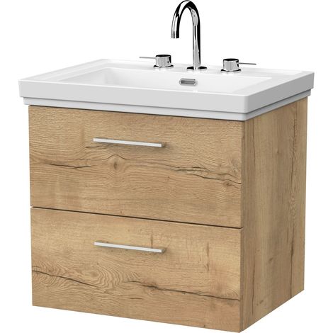 Pershall Contemporary Wall Hung 2 Drawer Vanity Unit with Traditional 3 Tap Hole Fireclay Basin, 600mm, Autumn Oak