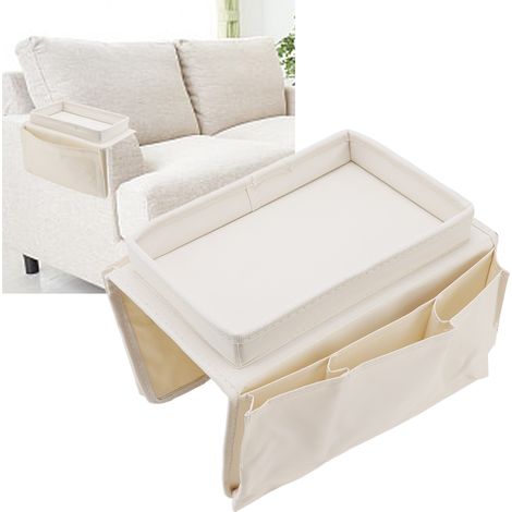 Table de bras de sofa - Tray pliable avec rangement en tissu Oxford 600D, poches latérales, pour canapé (Beige) (1/5)