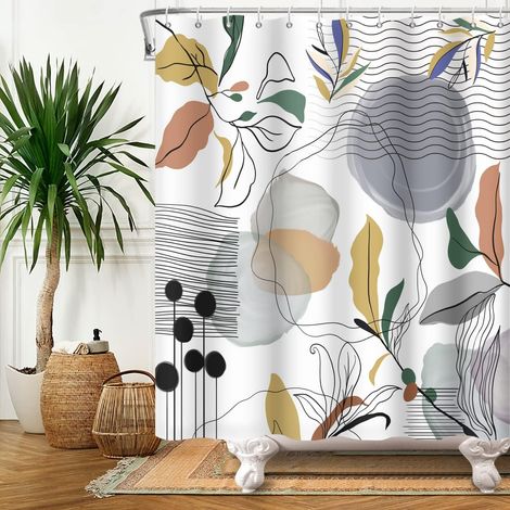 180x180cm Rideau De Douche Abstrait Boho Milieu du SièCle Plante Tropicale Rideau De Bain Aquarelle Plante Feuille Ligne ImperméAble Rideaux De Douche Lavable Rideau De Baignoire Polyester (1/5)
