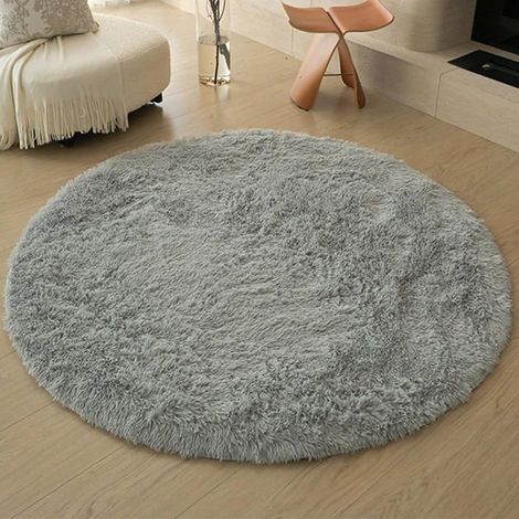 Round living room rug, ultra-soft and plush, non-slip, modern, washable, long-pile, 100 cm diameter, silver-gray color. (1/5)