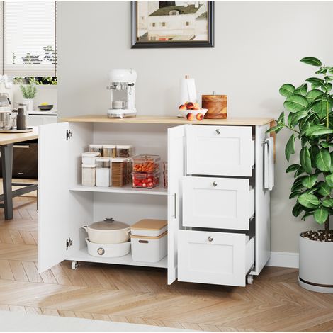 Îlot de cuisine 135x44(70)x90 cm blanc et bois naturel en MDF pliable avec rangement et roulettes (1/5)
