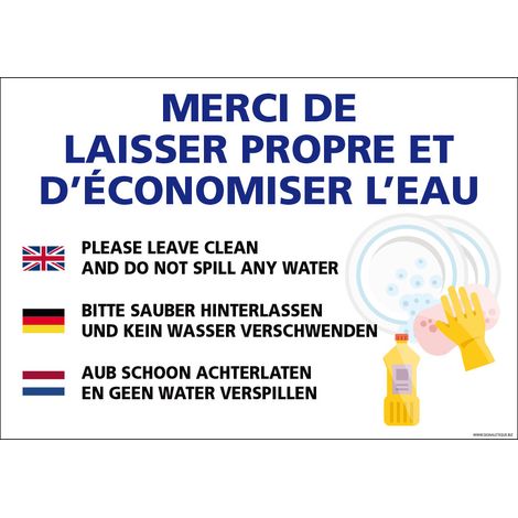 PANNEAU MERCI DE LAISSER PROPRE ET D'ECONOMISER L'EAU (H0437) - Adhésif - 210 x 150 mm