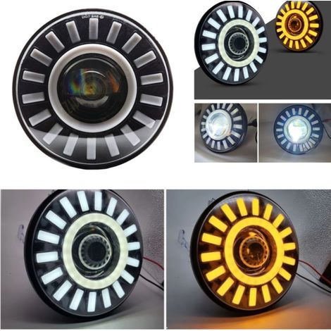 Universaler 7-Zoll (18 cm) LED-Halogen-Scheinwerfer 12–24V Abblend-/Fernlicht mit DRL-Tagfahrlicht, weiß-gelbem Blinker für ATV