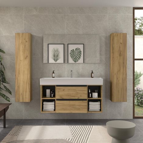 Meuble de salle de bain BEQUIA PLUS METAL 120cm Chêne Vasque Veneto Porcelaine Centrale 2H (1/5)