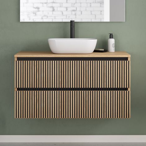 Meuble de salle de bain 100cm avec plateau et vasque à poser arrondie - 2 tiroirs - sans miroir - roble era (chêne clair) - VENERIA