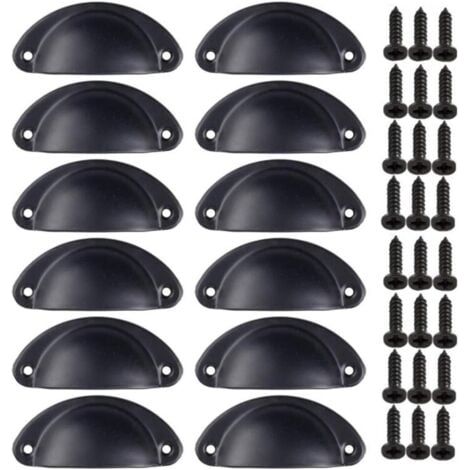 Paquete de 12 pomos vintage de concha, de hierro curvo, para puerta de gabinete (negro) (1/4)