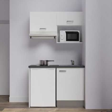 Kitchenette K02L-PT - 120 cm avec plan de travail et évier - emplacements frigo, hotte et micro-ondes - Façade Blanc - Plan Noir texturé - Evier Inox - Crédences Non