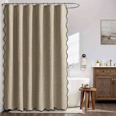 Rideau de Douche en Lin Texturé Ondulé 200x200 cm Kaki, Luxe Rideau de Douche Imperméable, Anti-Moisissure Tissu Lavable Rideaux de Bain pour Salle de Bain avec 14 Crochets Métalliques. (1/5)