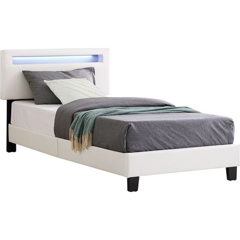 Idimex – Lit simple 90x190 cm avec sommier à lattes – Éclairage LED intégré – Tête de lit réglable 3 positions – Revêtement synthétique blanc (1/4)