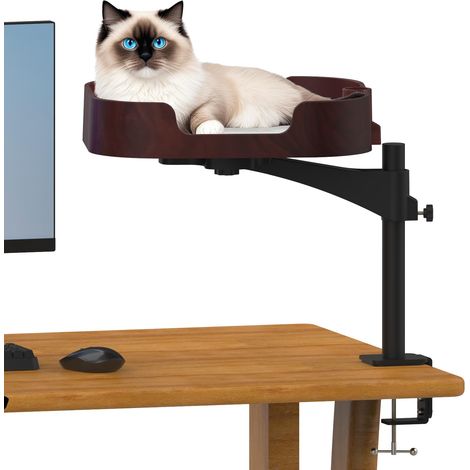 Table de bureau pour chat - Chaise longue réglable avec montage à clip pour bureau, nid confortable pour la maison et le bureau (aspect bois foncé) (1/5)