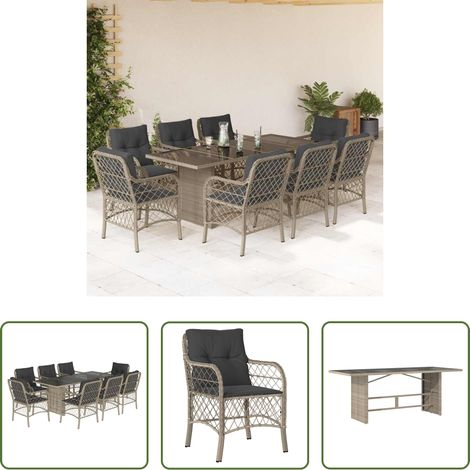 Gartenessgruppe - 9-tlg. Garten-Essgruppe mit Kissen Hellgrau Poly Rattan (1/5)
