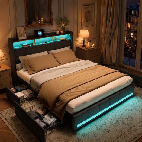 HYTKKBD - Lit Double 160x200 cm avec 4 Tiroirs,Lit Adulte avec Éclairage LED et Ports USB,Cadre de Lit avec Sommier à Lattes,Facile à Assembler,Tissu en Lin - Gris
