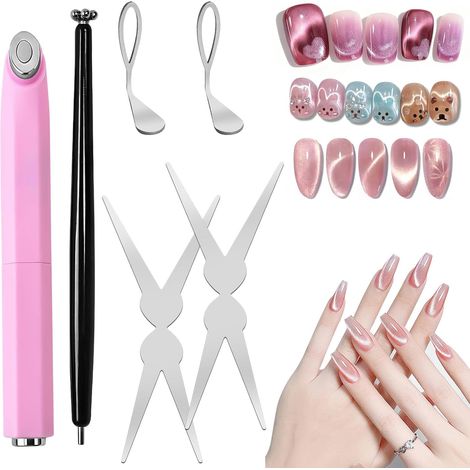 Aimant pour vernis gel effet œil de chat, stylo magnétique à ongles double embout motif floral, outils de nail art en forme creuse et ciseaux, parfaits pour réaliser des manucures françaises (1/5)